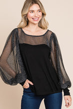 Загрузить изображение в средство просмотра галереи, Super Lady Black Sheer Metallic Lantern Sleeve Knit Top
