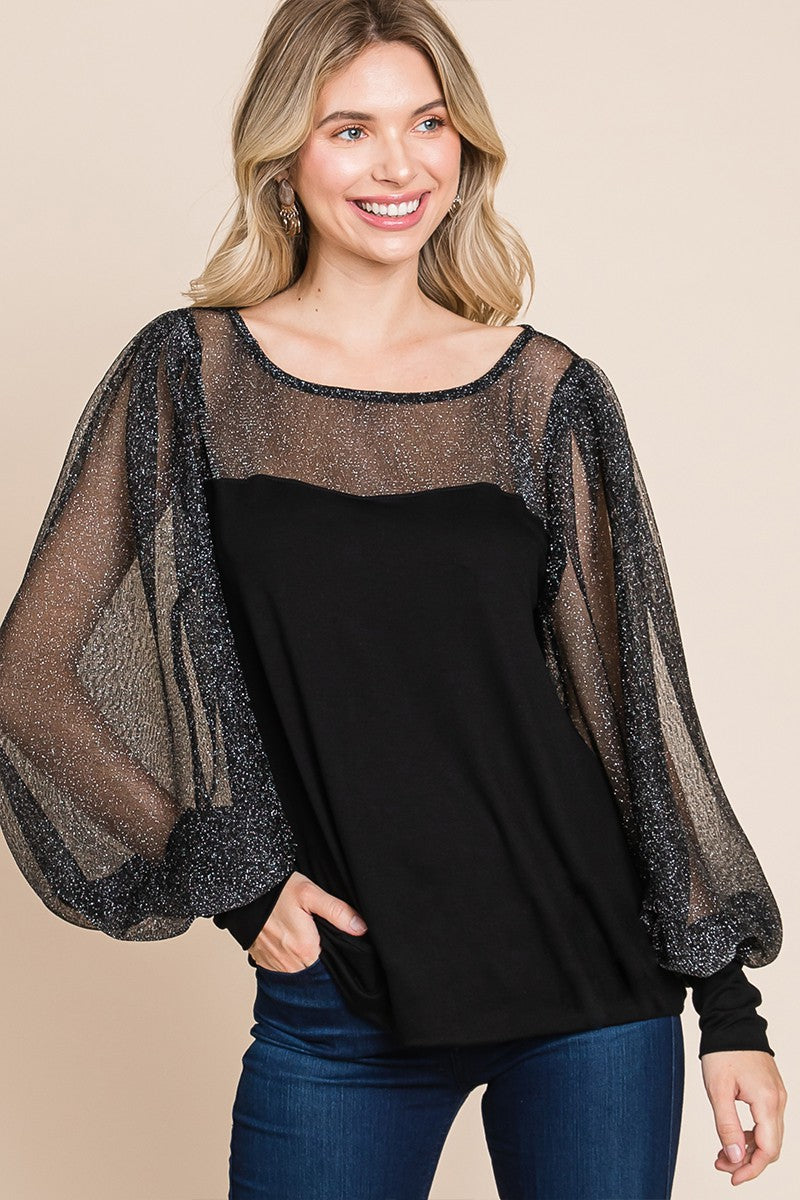 Super Lady Black Sheer Metallic Lantern Sleeve Knit Top