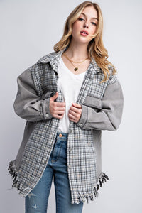 Sweet Generis Fringe Hem Tweed Mixed Denim Jacket