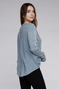 Zenana Mineral Washed Long Sleeve Soft Waffle Knit Top