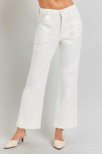 RISEN High Rise Ankle Flare Patch Pocket White Denim Jeans