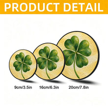 Carica l'immagine nel visualizzatore di Gallery, Lucky Charm glass suncatcher featuring a green four-leaf clover with beautifully layered brushwork against a soft golden-yellow background.
