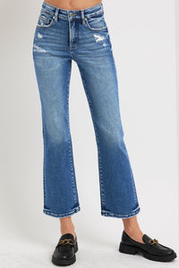 RISEN Tummy Control High Rise Cropped Blue Denim Bootcut Jeans