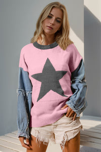 Double Take Star Knit Denim Contrast Top