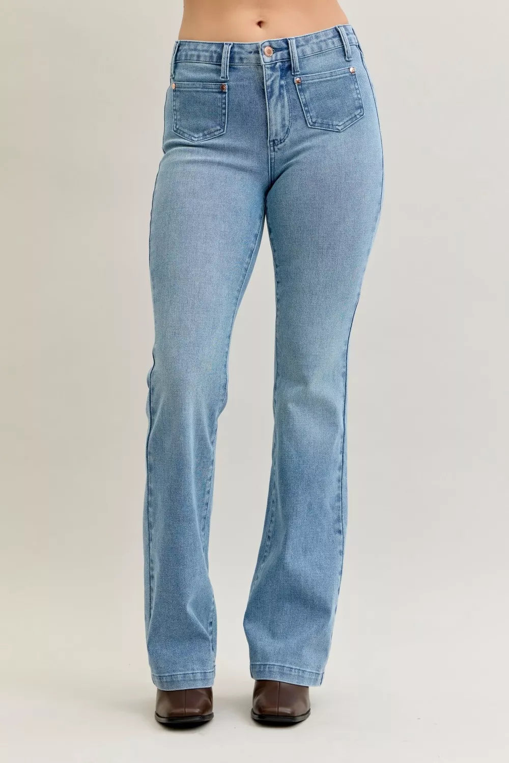 Judy Blue Mid Rise Bootcut Jeans with Contrast Wash Front Patch Pockets