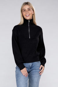 Ambiance Solid Color Pullover Zip Collar Soft Ribbed Knit Top