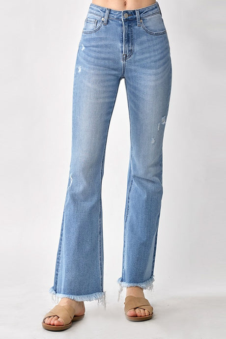 RISEN High Rise Frayed Hem Blue Denim Bootcut Jeans