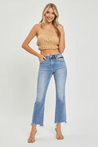 RISEN Raw Frayed Hem Cropped Straight Leg Blue Denim Jeans