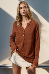 Double Take Solid Color Notched Thumbhole Long Sleeve Top