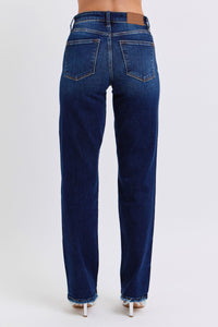 Judy Blue Raw Hem Dark Blue Denim Straight Leg Jeans