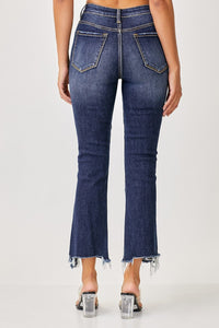 Risen Frayed Hem Cropped Blue Denim Straight Leg Jeans