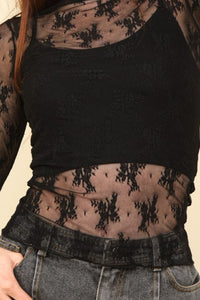 VERY J Mock Neck Fitted Black Sheer Lace Top