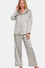 Cargar imagen en el visor de la galería, Zenana Silver Satin Long Sleeve Shirt and Pants Loungewear Set
