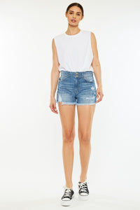 Kancan High Waisted Raw Hem Blue Denim Jean Shorts