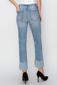 RISEN High Rise Cuffed Slim Straight Blue Washed Denim Jeans