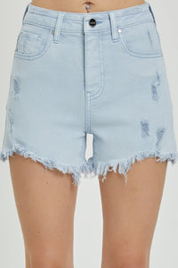 RISEN High Rise Distressed Ice Blue Denim Jean Shorts