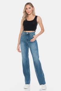 Judy Blue Tummy Control Cut Raw Hem Blue Denim Straight Leg Jeans