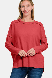 Zenana Red Exposed Seam Brushed Knit Top