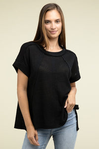 Zenana Brushed Waffle Exposed Seam Short Sleeve Top