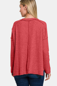 Zenana Red Exposed Seam Brushed Knit Top