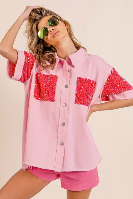 BiBi Colorblock Sequin Embellished Raw Hem Short Sleeve Top