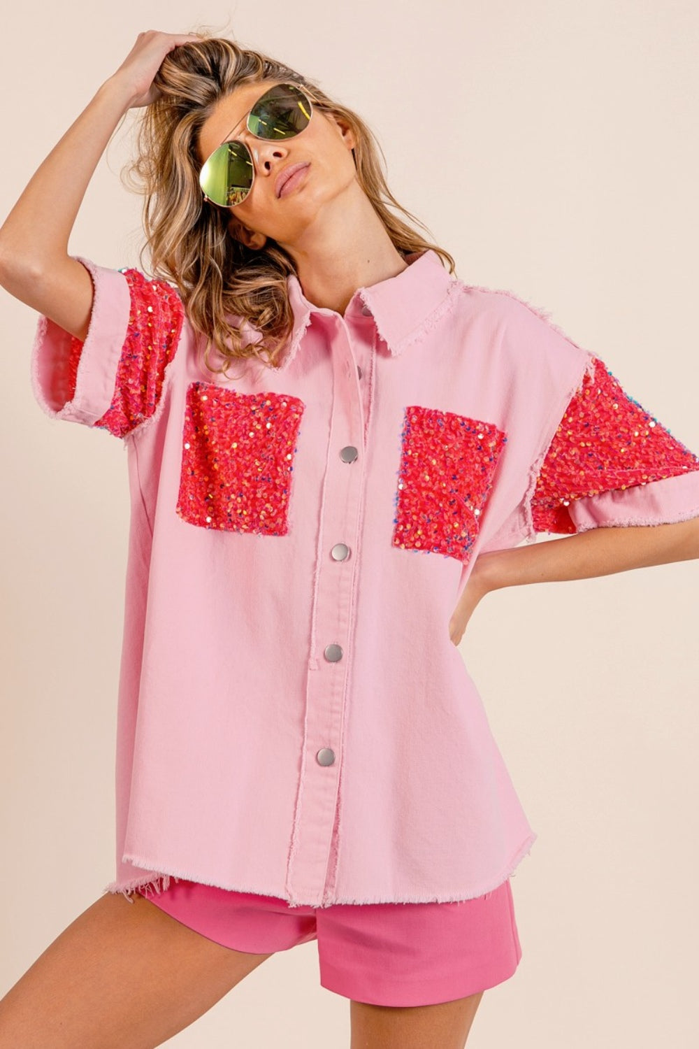 BiBi Colorblock Sequin Embellished Raw Hem Short Sleeve Top