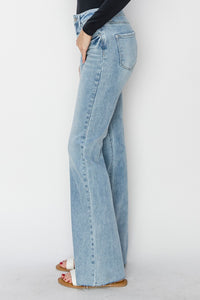 RISEN High Rise Raw Cut Hem Blue Denim Bootcut Jeans