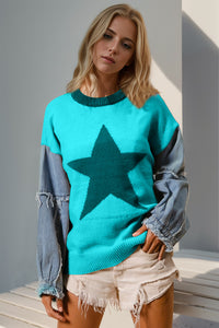 Double Take Star Knit Denim Contrast Top