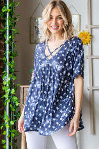 Heimish Star Pattern Strappy Ruched Babydoll Top