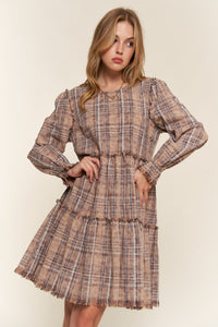 And The Why Washed Plaid Frayed Tiered Dress