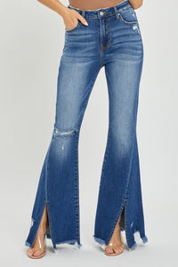 RISEN High Rise Front Slit Frayed Hem Flared Leg Blue Wash Denim Jeans