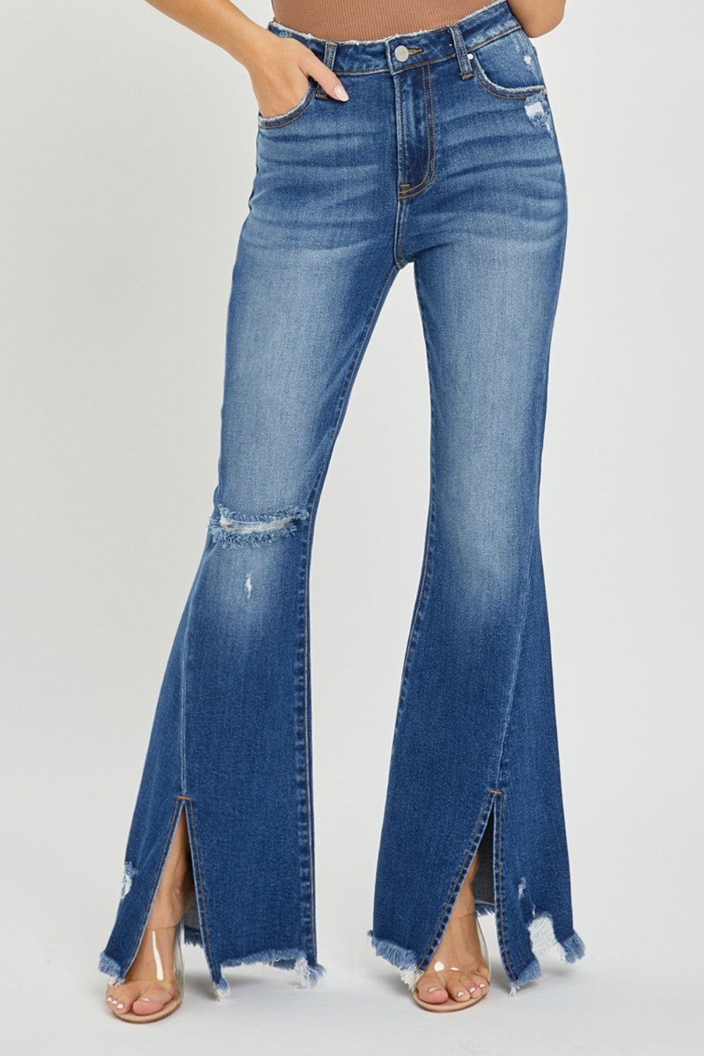 RISEN High Rise Front Slit Frayed Hem Flared Leg Blue Wash Denim Jeans