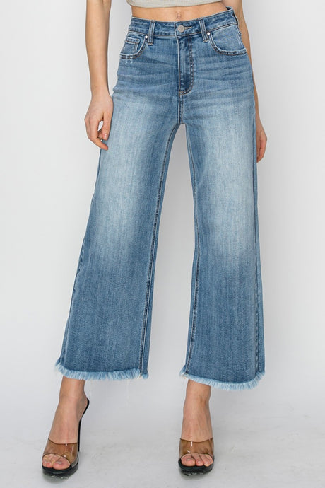 RISEN Raw Hem Cropped Wide Leg Blue Washed Denim Jeans