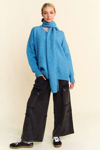 Davi & Dani Blue Dropped Shoulder Sweater with Scarf