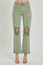 Load image into Gallery viewer, RISEN Distressed Chewed Raw Hem Flared Leg Green Denim Jeans
