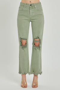 RISEN Distressed Chewed Raw Hem Flared Leg Green Denim Jeans