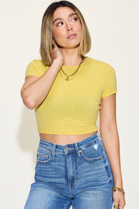 Basic Bae Solid Color Short Sleeve Cropped Ribbed Knit T-Shirt