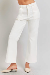 RISEN High Rise Ankle Flare Patch Pocket White Denim Jeans