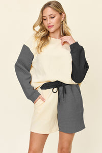 Double Take Color Block Contrast Drop Shoulder Loungewear Set