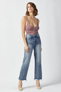 RISEN High Waisted Fringe Raw Hem Blue Denim Straight Leg Jeans