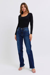 Judy Blue Raw Hem Dark Blue Denim Straight Leg Jeans