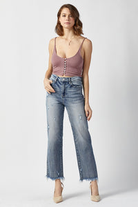 RISEN High Waisted Fringe Raw Hem Blue Denim Straight Leg Jeans