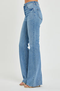 RISEN High Waisted Raw Cut Hem Blue Denim Bootcut Jeans