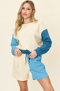 Double Take Color Block Contrast Drop Shoulder Loungewear Set