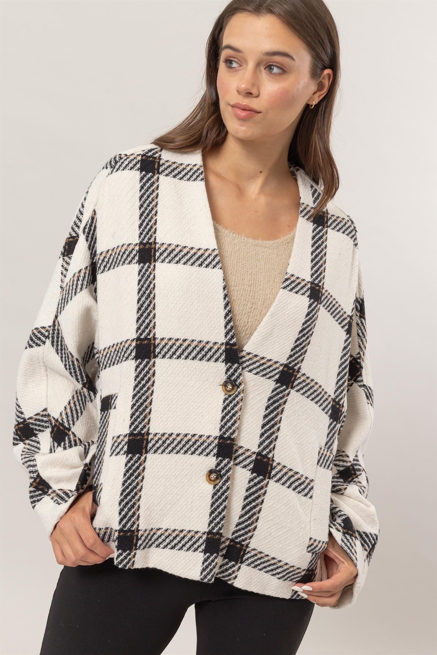 HYFVE Plaid Deep V Button Down Jacket