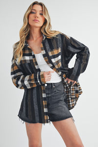 Aemi+Co Curved Hem Plaid Check Block Button Down Shirt