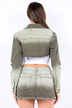 Carica l&#39;immagine nel visualizzatore di Gallery, American Bazi Olive Green Washed Ombre Distressed Cropped Denim Jacket
