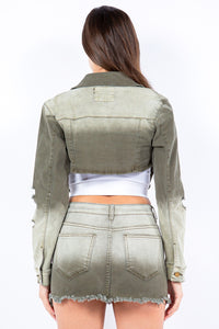 American Bazi Olive Green Washed Ombre Distressed Cropped Denim Jacket