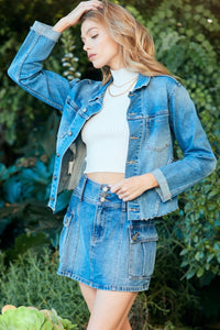 Veveret Button Down Raw Hem Blue Denim Jean Jacket