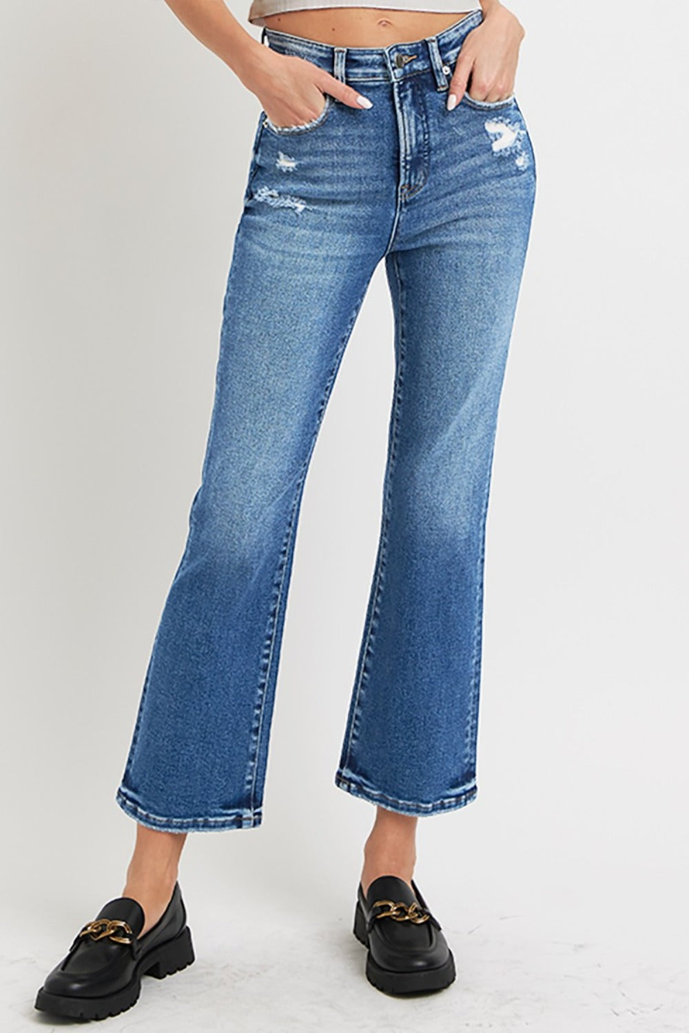 RISEN Tummy Control High Rise Cropped Blue Denim Bootcut Jeans